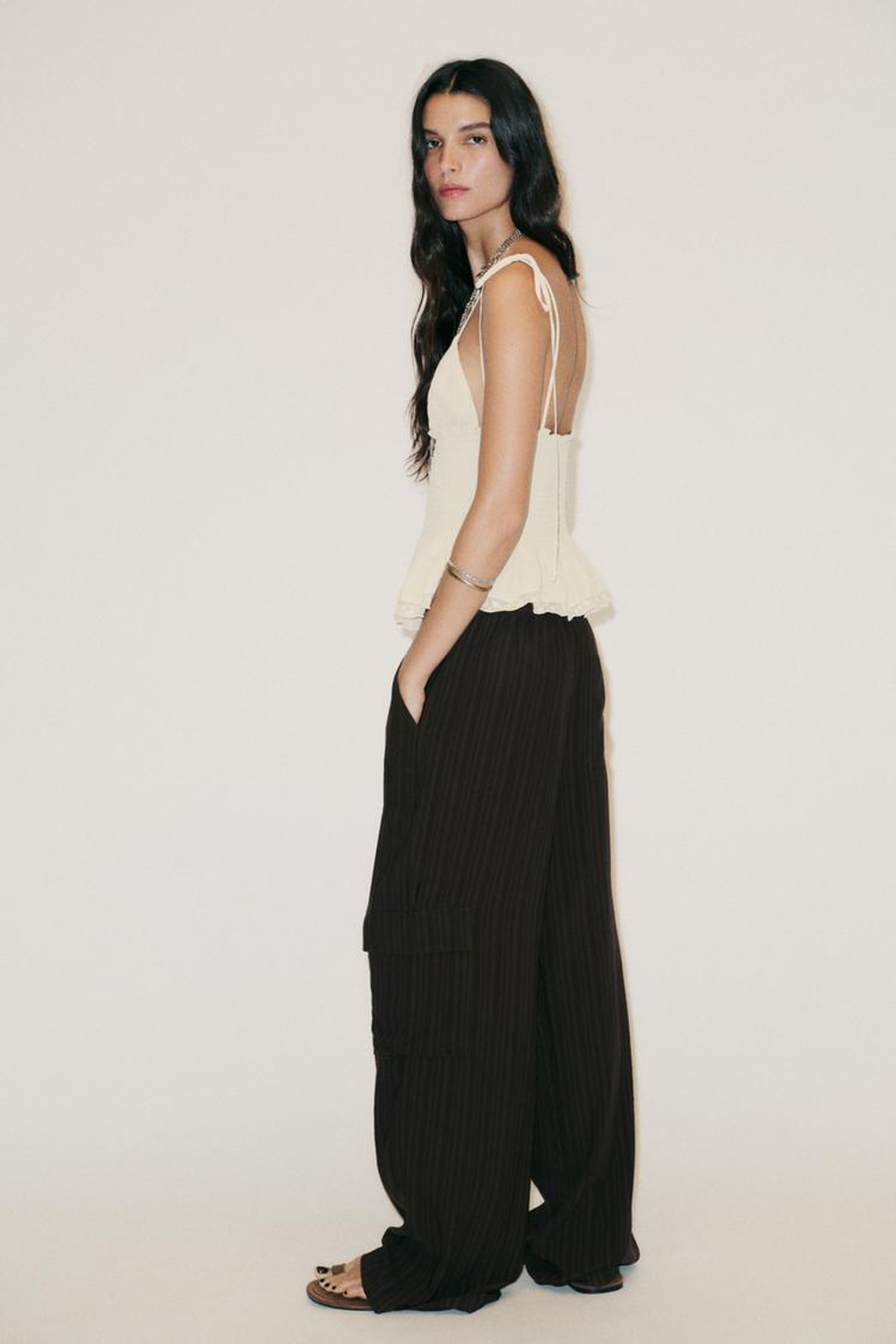 ZARA КОМБИНИРОВАННЫЙ ТОП В РУБЧИК, БЕЖЕВЫЙ