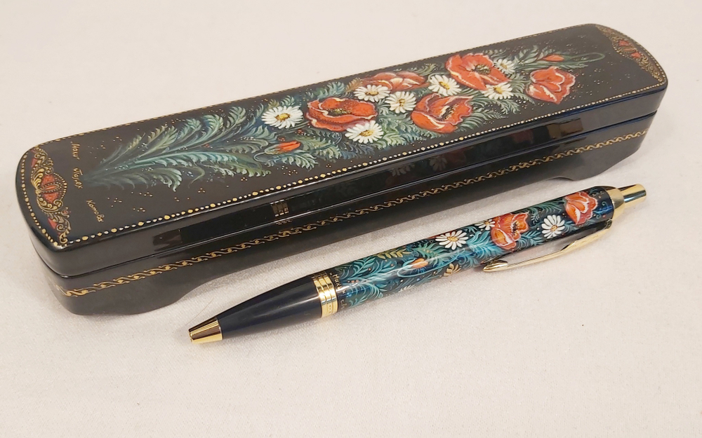 Ручка Паркер в шкатулке с ручной росписью "Ромашки и маки"