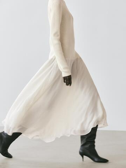 Massimo Dutti Трикотажное платье с декоративной отделкой в тон, натуральный/кремовый