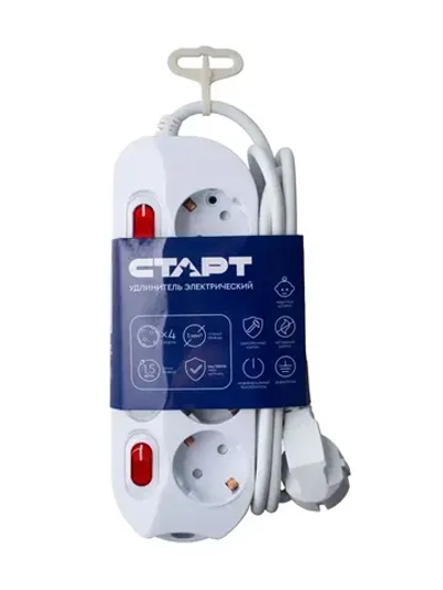 Удлинитель сетевой бытовой c заземлением 1,5м 4 розетки, 16А, 3680Вт защита от детей