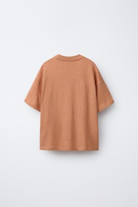 ZARA ФУТБОЛКА ИЗ СМЕСОВОГО ХЛОПКА И ЛЬНА С НАДПИСЬЮ, ОХРА