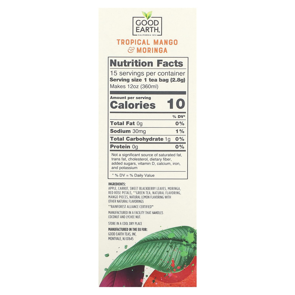 Good Earth Teas, Sensorial Blends, Herbal Tea, Tropical Mango & Moringa, 15 Biodegradable Teabags, 1.48 oz (42 g)