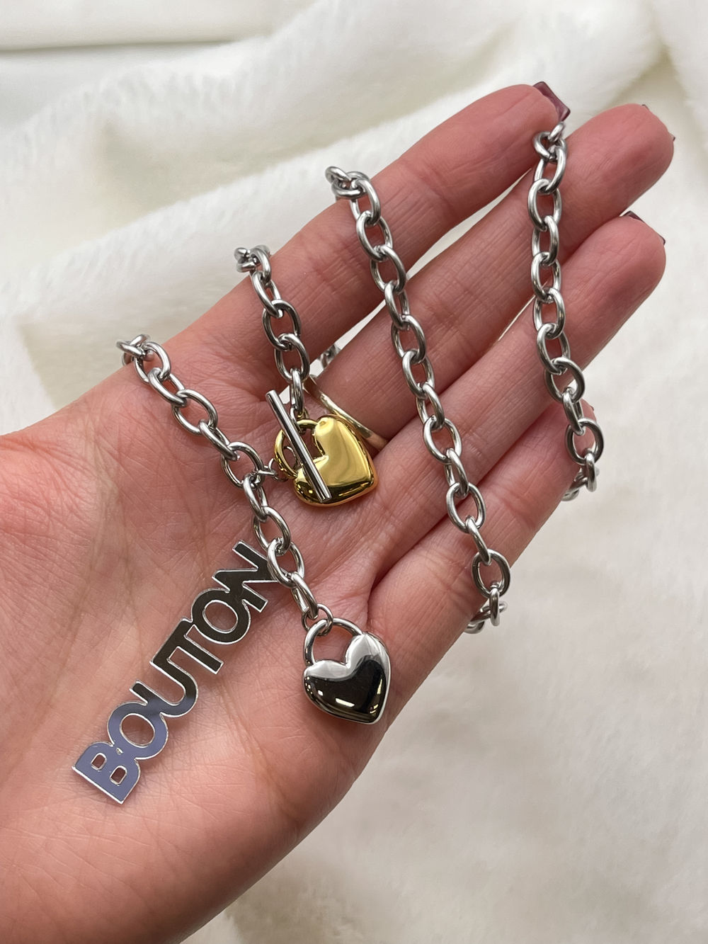 Колье-Тогл биколорное "Цепь с подвесками сердечки"