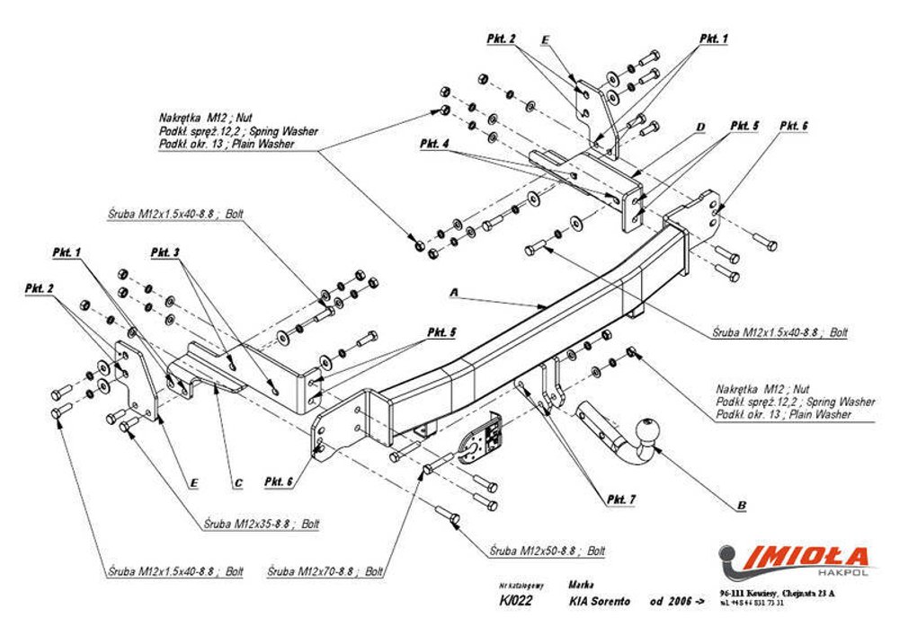 Фаркоп IMIOLA K.022 Kia Sorento 2006-2009(паспорт и сертификат в комплекте)(без электрики)