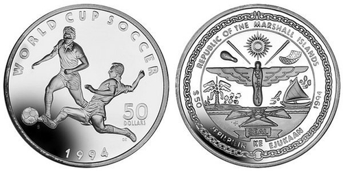 50 долларов Чемпионат мира по футболу США 1994 г. Маршалловы о-ва 1994 г. Proof
