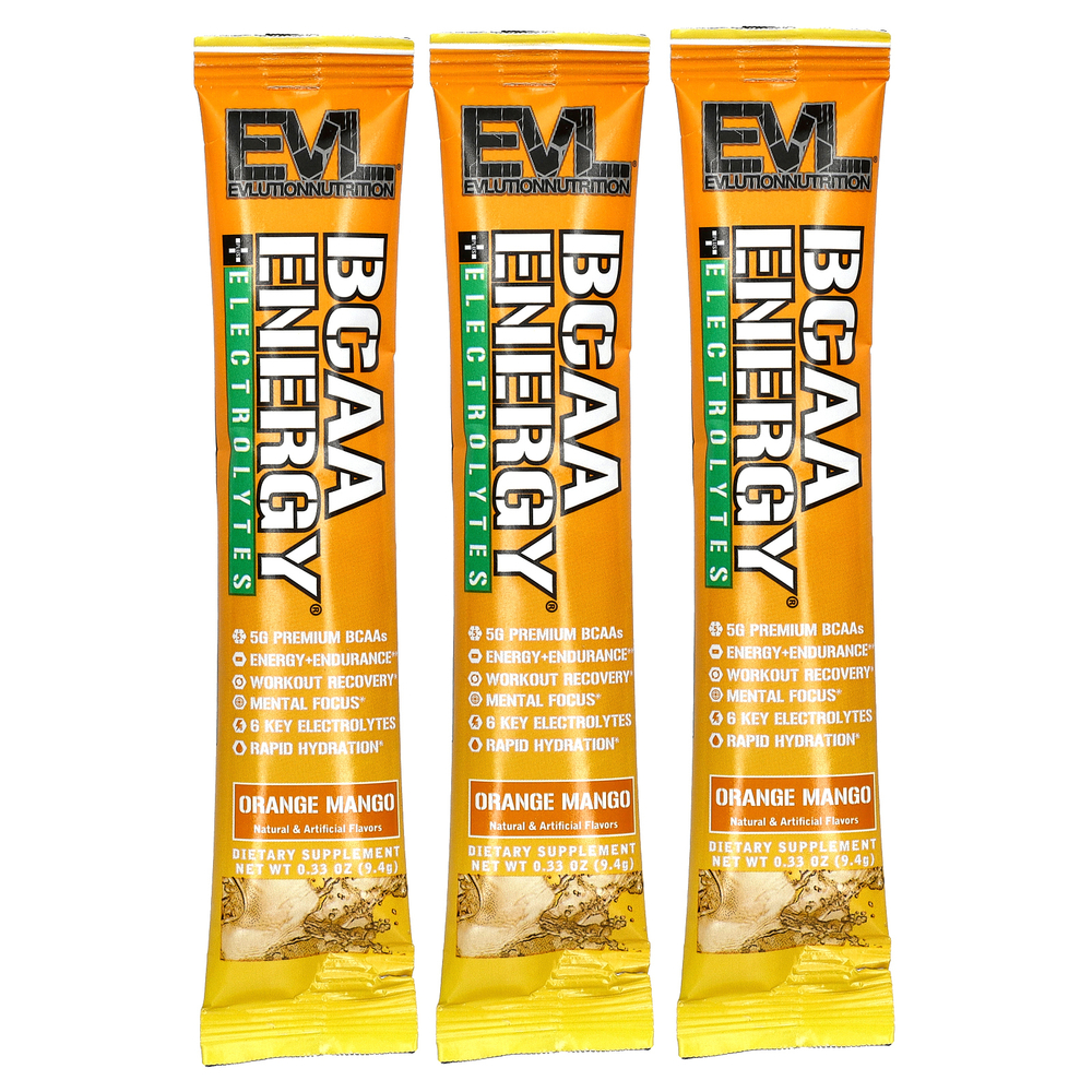 EVLution Nutrition, BCAA Energy Plus, электролиты, апельсин и манго, 3 пакетика по 9,4 г (0,33 унции)