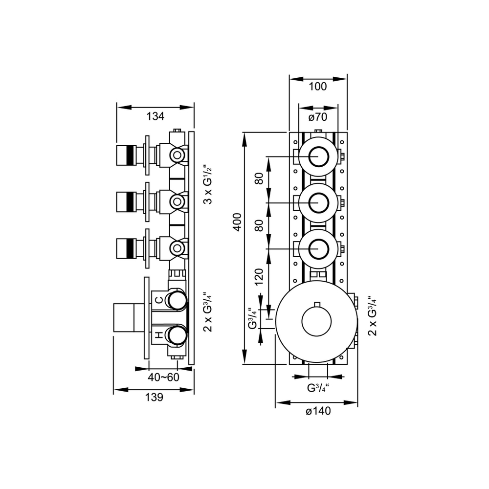 Steinberg Термостат 3/4“, встраиваемый, с 3-мя запорными вентилями _“ , в комплекте со скрытым корпусом, предварительно смонтированные на монтажной шине, в комплекте со наружными вентилями, проток воды 35 л/мин при 3 бар, хром 100 4330