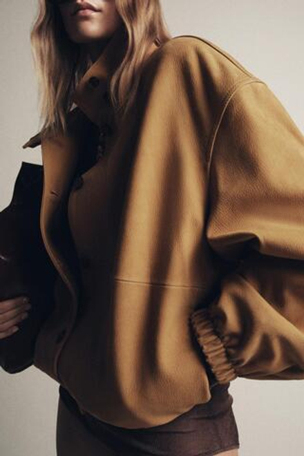ZARA КОЖАНАЯ КУРТКА-БОМБЕР ZW COLLECTION LIMITED EDITION, МЯГКИЙ КАШТАНОВЫЙ