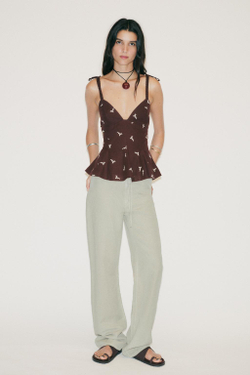 ZARA ТОП С ВЫШИВКОЙ И БАСКОЙ, КОРИЧНЕВЫЙ