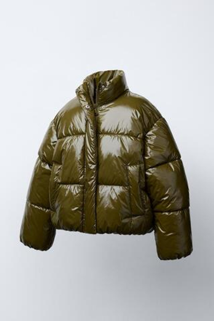 ZARA СТЕГАНАЯ КУРТКА С БЛЕСТЯЩЕЙ ОТДЕЛКОЙ, ОЛИВКОВЫЙ