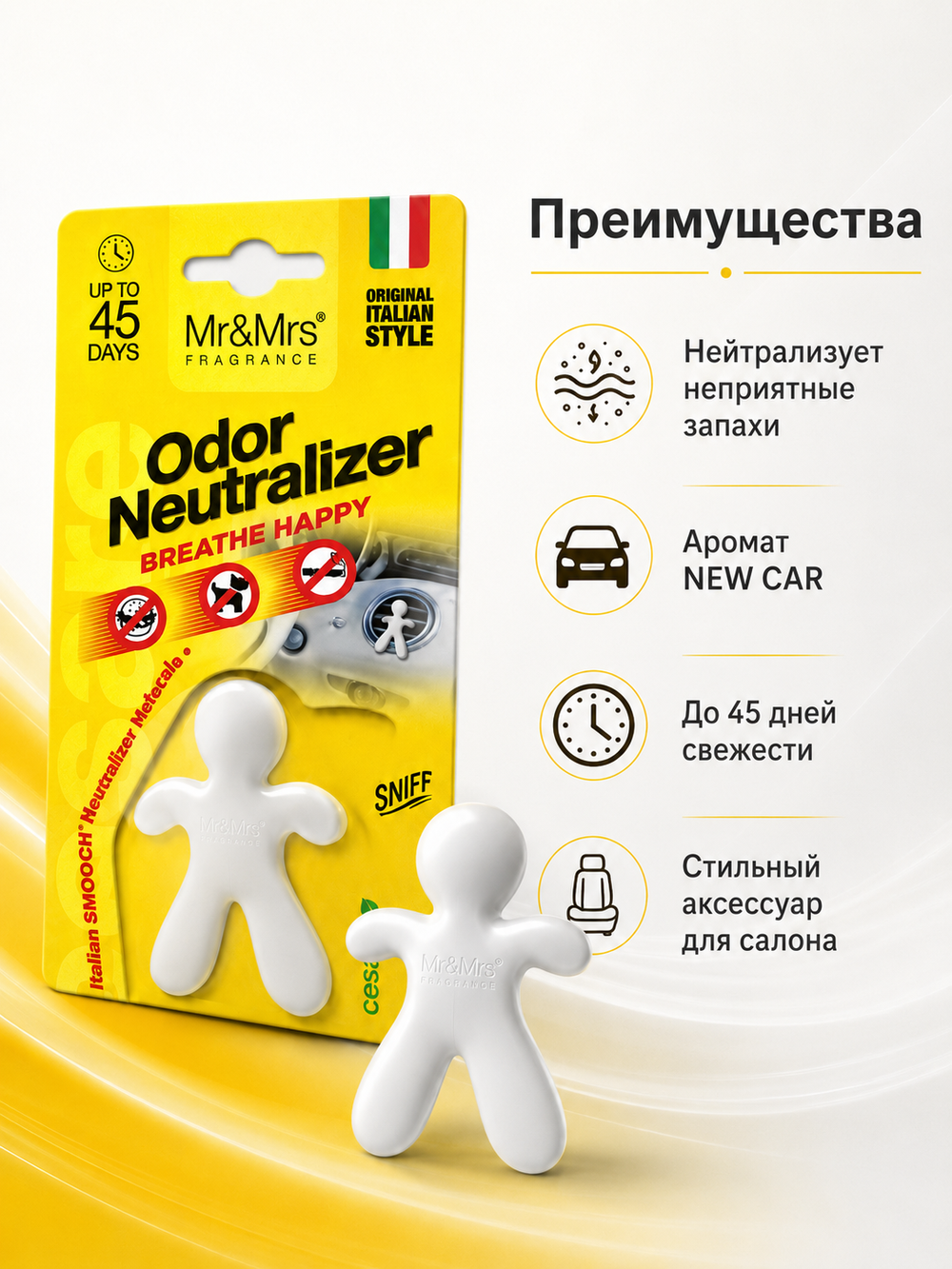 Mr&Mrs Fragrance Ароматизатор для автомобиля CESARE BLISTER белый NEW CAR Нейтрализатор