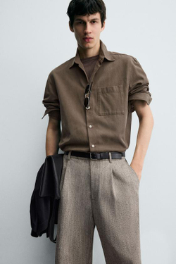 ZARA БРЮКИ ИЗ РЕЛЬЕФНОЙ ТКАНИ В ЕЛОЧКУ, БЕЖЕВЫЙ