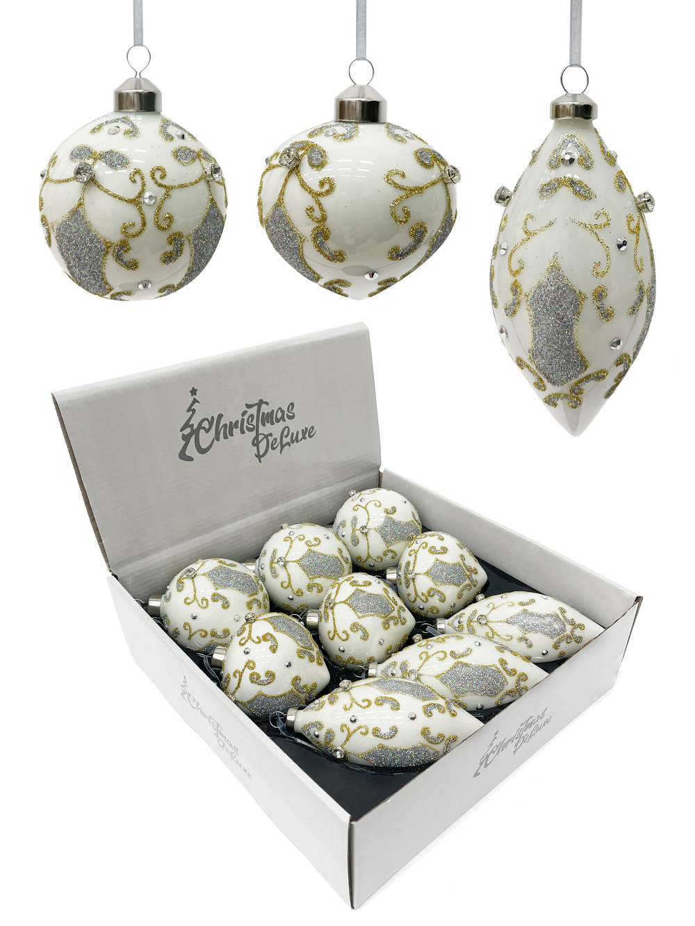 Набор елочных игрушек 8см 9шт ChristmasDeLuxe белый с серебром с орнаментом