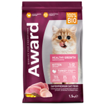 Сухой корм AWARD Healthy growth для котят от 1 месяца, беременных и кормящих кошек с индейкой и курицей с добавлением рыбьего жира и семян льна 1,5кг