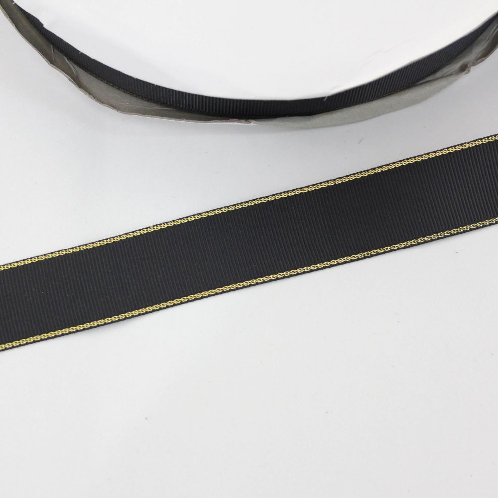 Лента репсовая однотонная с металл. кромкой(золото) 25 мм, длина 25 ярдов, цвет: 030 черный