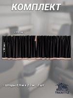 Шторы на лобовое и передние двери с бахромой и кистями в кабину Volvo, Scania, MAN, DAF, Merc, Камаз, Sitrak, Shacman, Foton, FAW. Высота 0,90м, ширина одной стороны - 2,30м. Блэкаут, велюр. Черный цвет с бежевой бахромой.