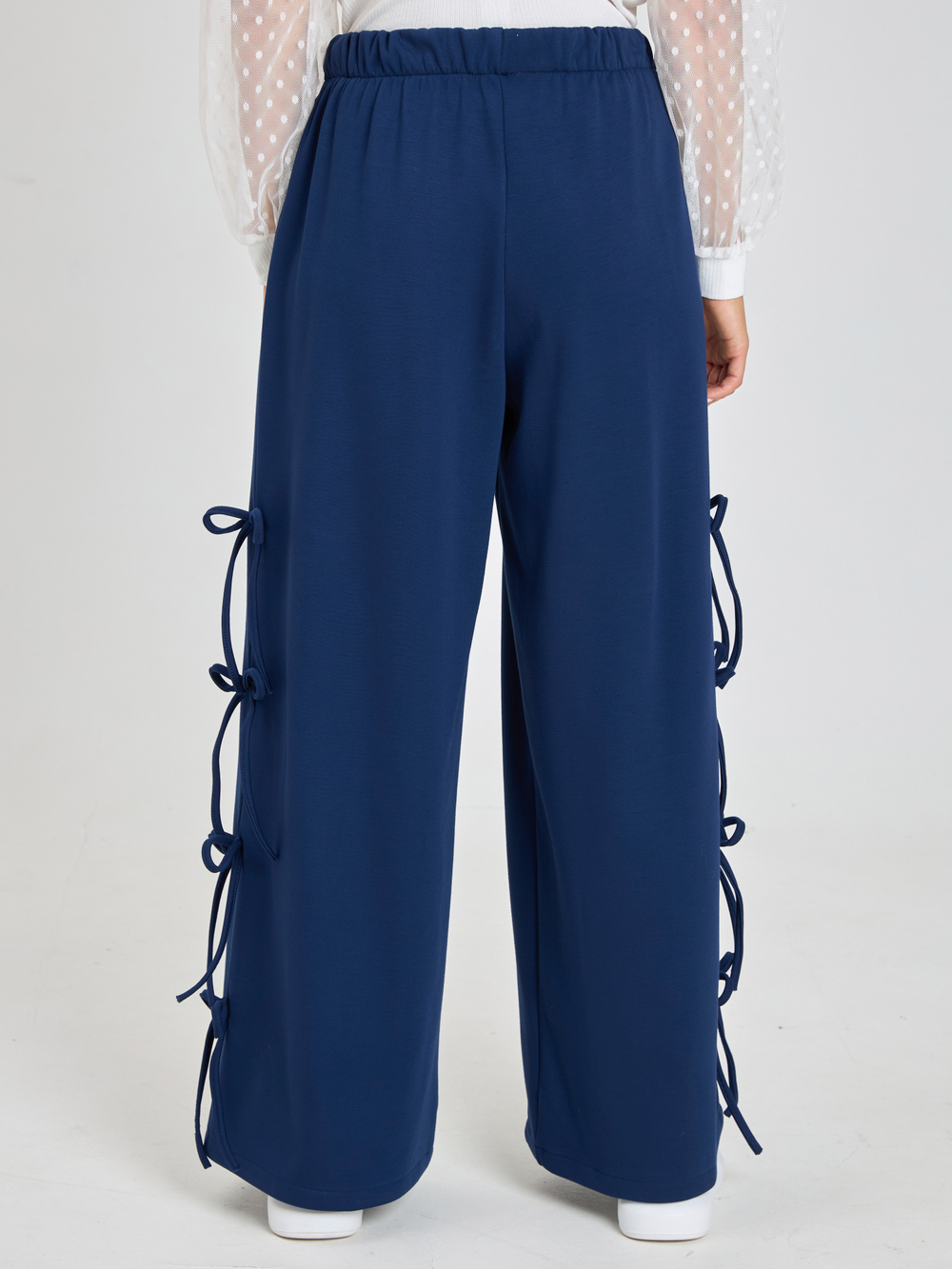 Брюки утепленные для девочки палаццо с бантиками тёмно-синие