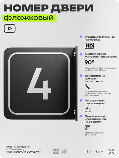Табличка флажковая с номером 4 на дверь квартиры, для офиса, кабинета, аудитории, склада, черная двустороняя 19х19 см, Айдентика Технолоджи