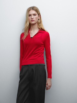 Massimo Dutti Свитер из 100% шерсти с воротником поло и пуговицами, красный