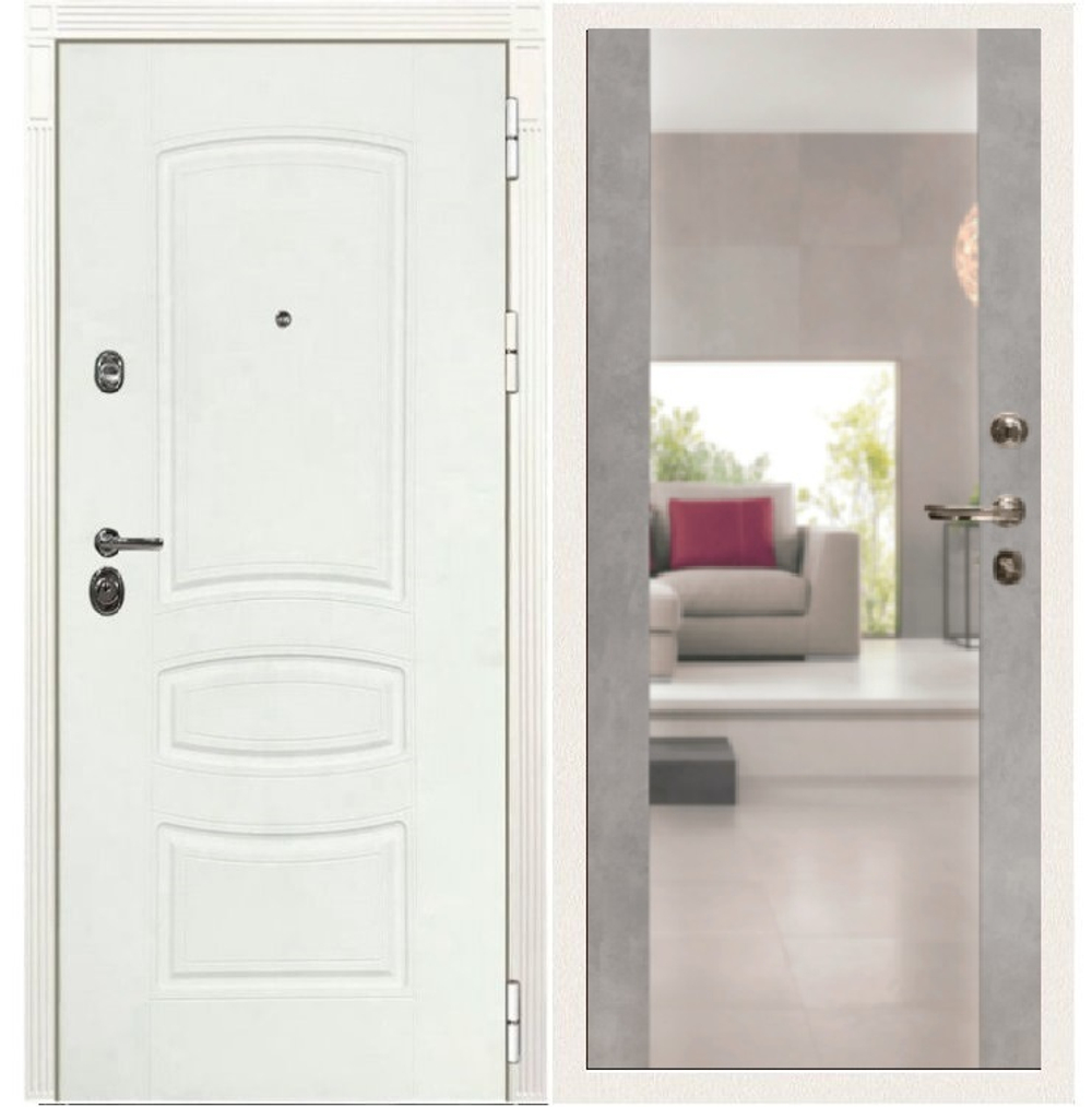 Входная дверь белая с зеркалом Лекс  Император 3К Белая шагрень №102 Бетон серый