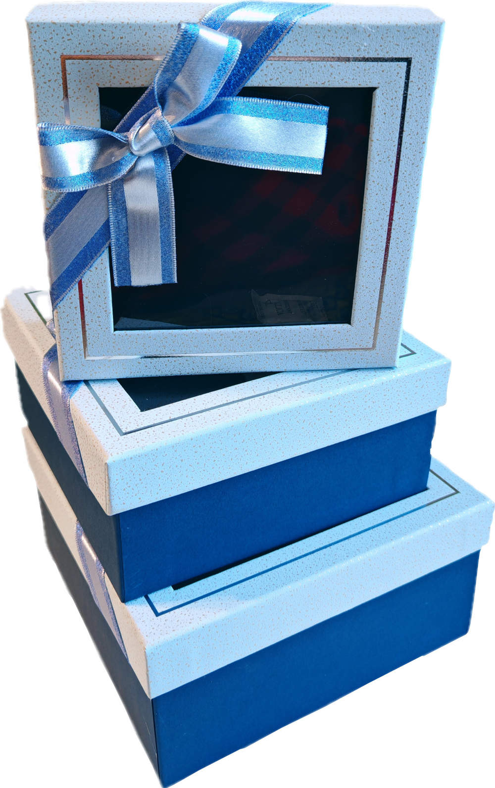 Набор подарочных коробок 3в1 с окошком и бантом, голубой/синий 15*15*6.5, 17*17*8, 19*19*9.5см
