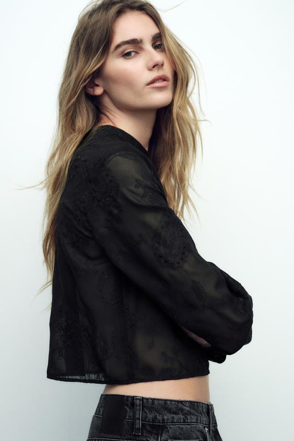 ZARA ТОП С ВЫШИВКОЙ И КРУЖЕВОМ, ЧЕРНЫЙ