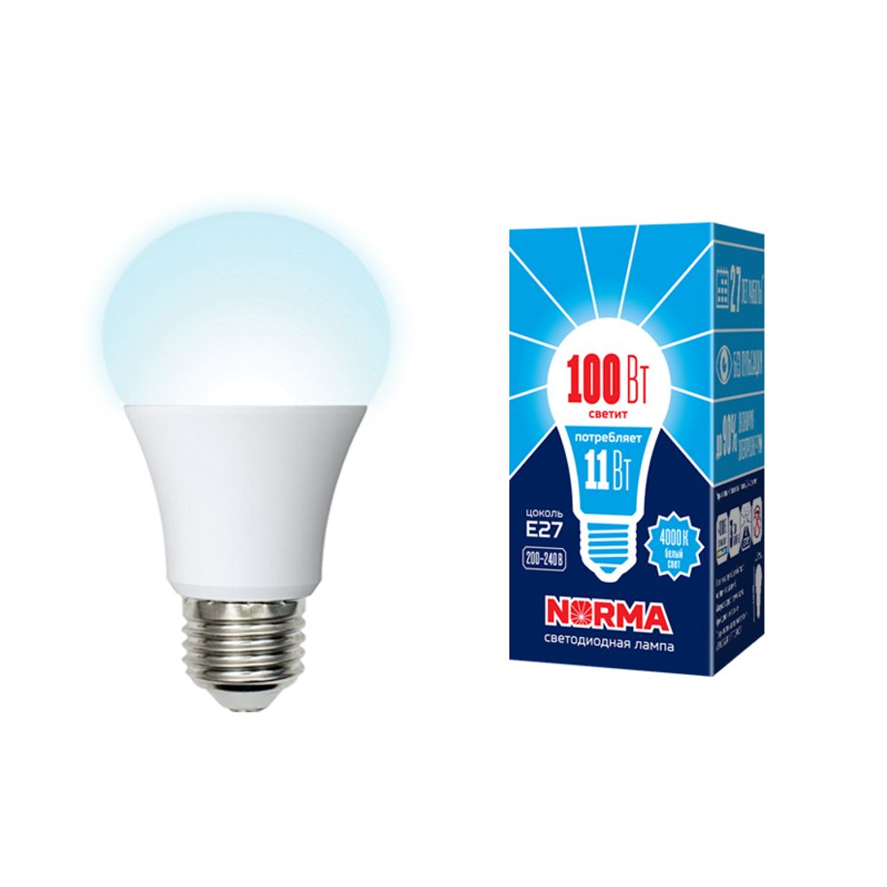 LED-A60-11W/NW/E27/FR/NR Лампа светодиодная. Форма A, матовая. Серия Norma. Белый свет (4000K). Картон. ТМ Volpe