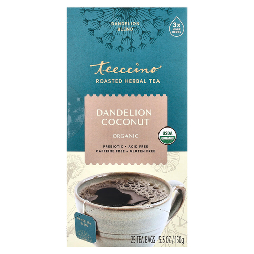 Teeccino, органический травяной чай, одуванчик и кокос, без кофеина, 25 чайных пакетиков, 150 г (5,3 унции)