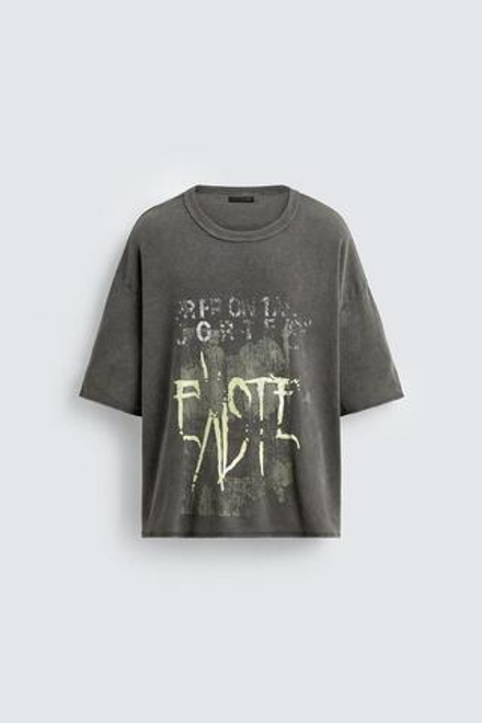 ZARA ФУТБОЛКА С ПРИНТОМ И ЭФФЕКТОМ ПОТЕРТОСТИ, ЛИНЯЛЫЙ ЗЕЛЕНЫЙ