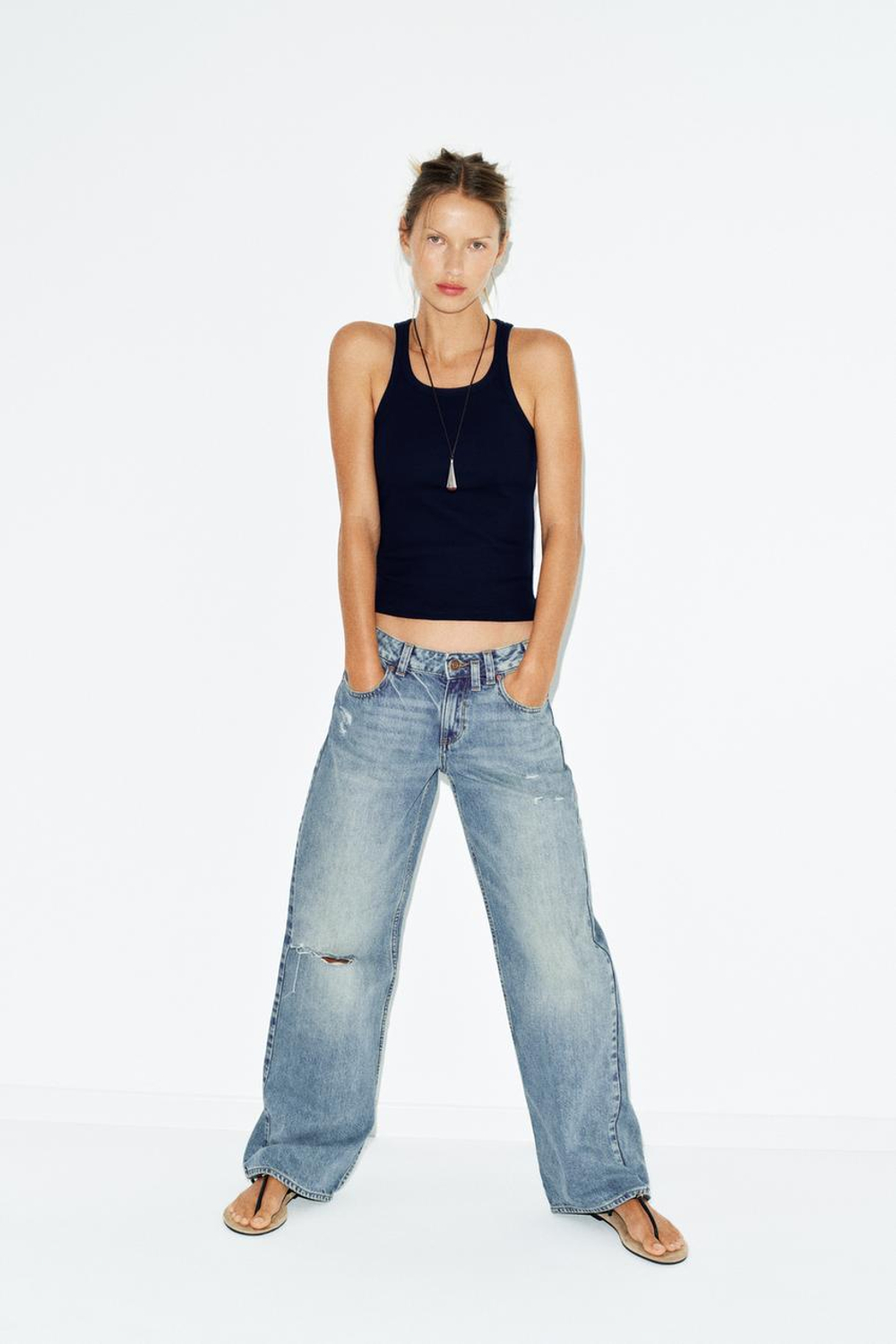 ZARA ТОП НА БРЕТЕЛЯХ В РУБЧИК, МОРСКОЙ СИНИЙ