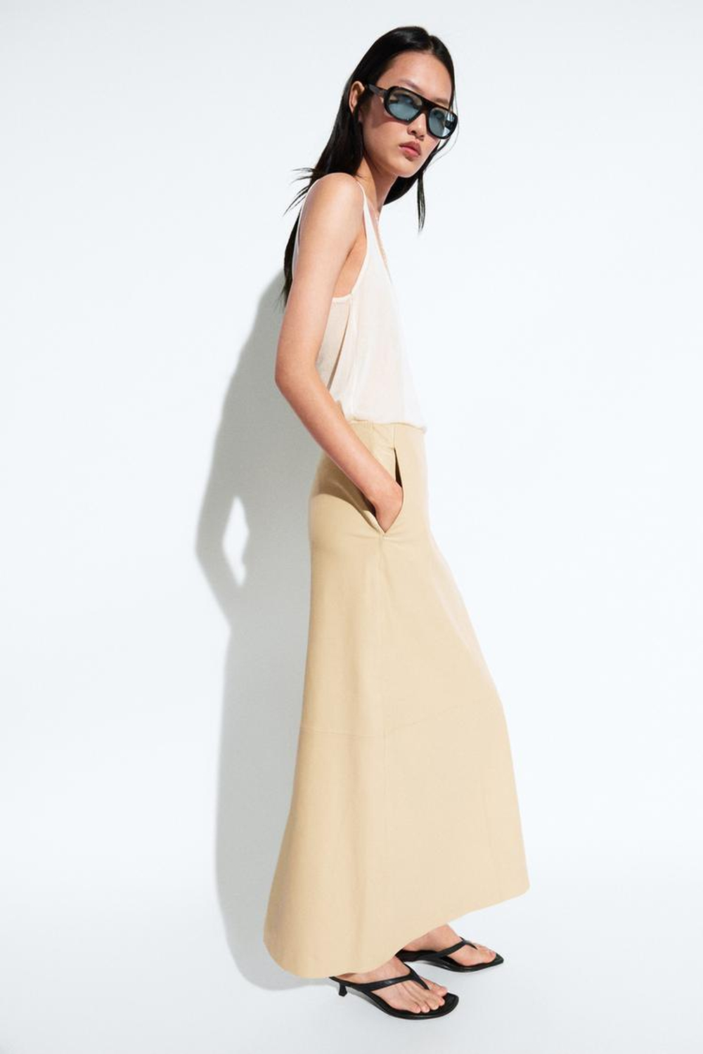 Massimo Dutti Юбка миди из кожи наппа, ванильный