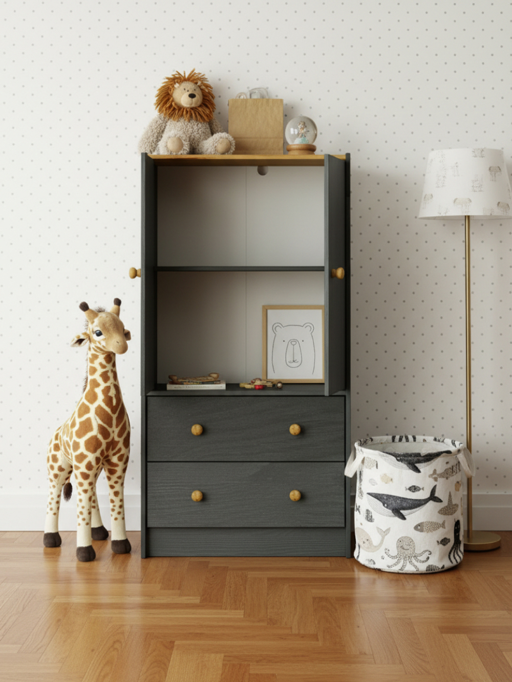 Комод из сосны Раст 2 ящика, 2 двери с полкой для хранения, серый/антик