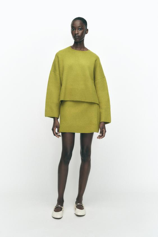 ZARA МИНИ-ЮБКА ОДНОТОННАЯ ТРИКОТАЖНАЯ, СВЕТЛО-ЗЕЛЕНЫЙ