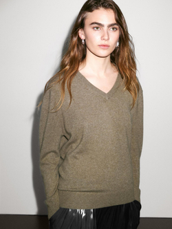 Massimo Dutti Свитер из 100% кашемира с V-образным вырезом, бутылочно-зеленый