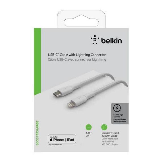 Кабель Belkin Boost Charge Braided USB-C - Lightning 2 м (CAA004bt2MWH) белый