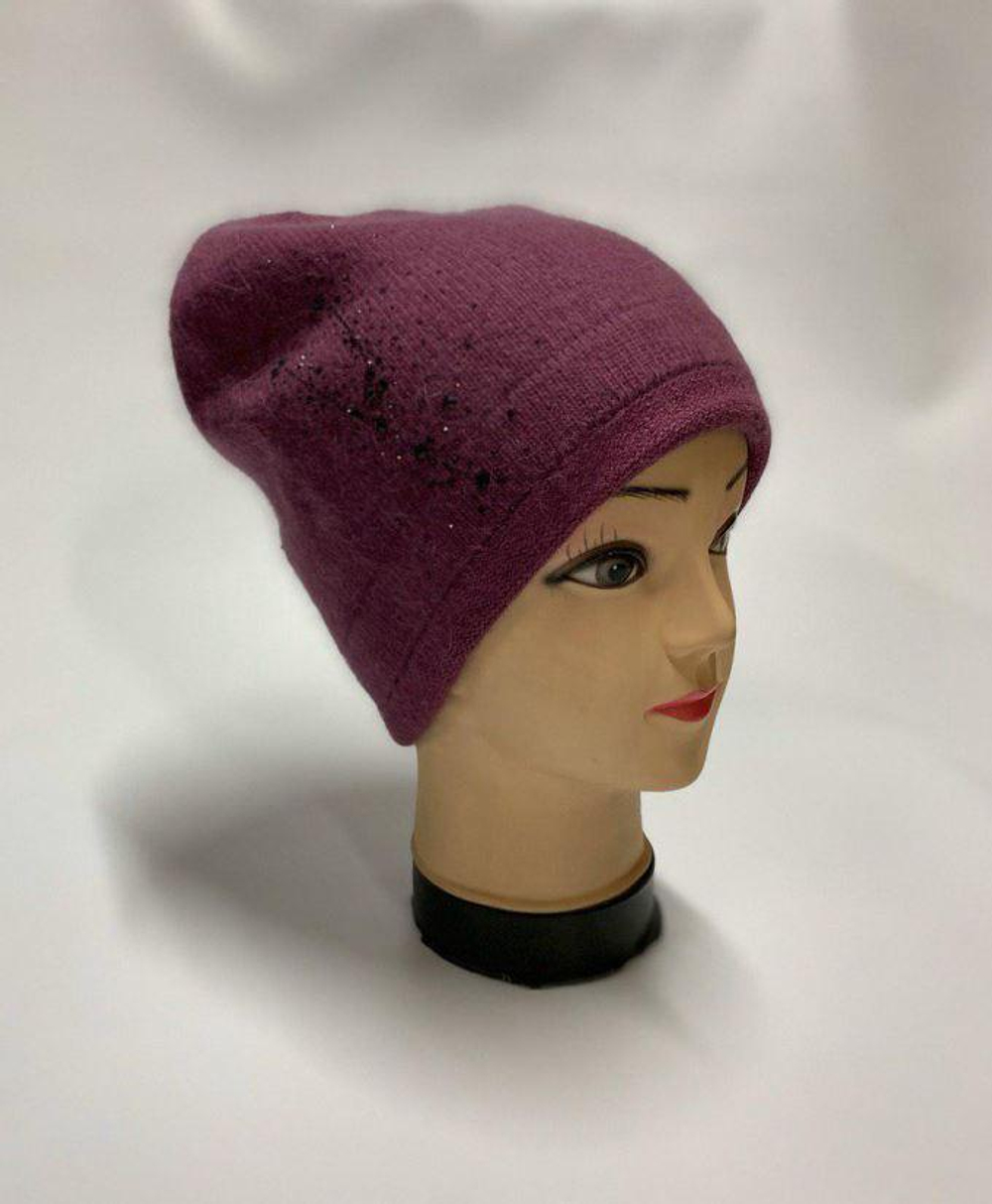 Стильная яркая фиолетовая вязаная зимняя женская шапка со стразами из ангоры и нейлона SH H9509-1A
