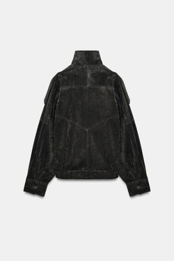 ZARA КУРТКА-БАЙКЕР ИЗ 100% ЗАМШИ С ОБТЯНУТЫМИ ПУГОВИЦАМИ, УГОЛЬНЫЙ