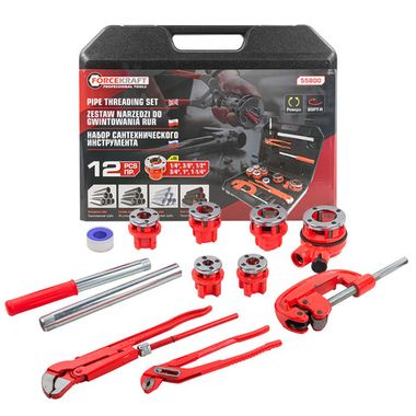 Набор сантехнического инструмента 12пр.(клуп: 1/4'', 3/8'', 1/2'', 3/4'',1', 1-1/4'')в кейсе FORCEKRAFT FK-55800