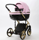 Детская коляска Adamex Chantal Special Edition Deluxe 3 в 1 C132-B (РОЗОВ.ЗЕФИР.КОЖА/ ЧЕРН.РИФЛЕН. ДНО + ЗОЛОТ РАМА)