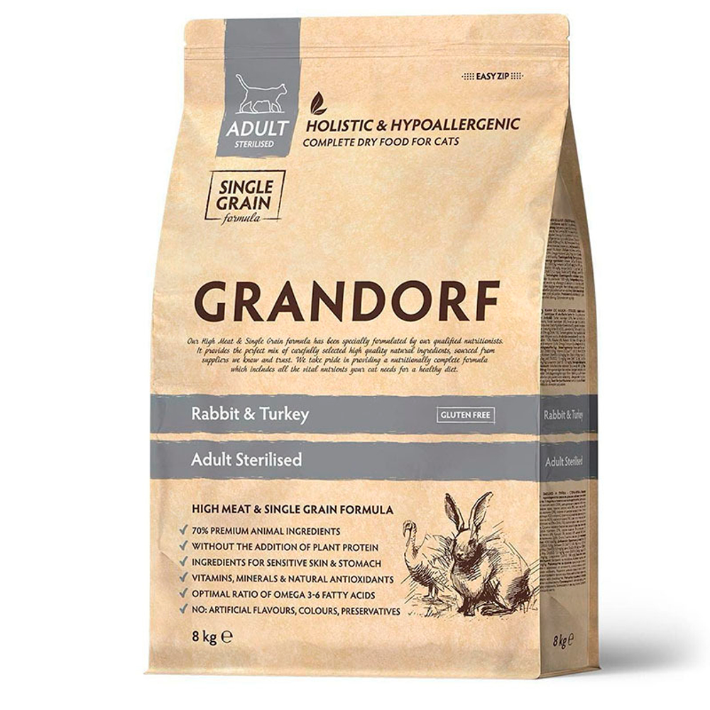 Сухой корм Grandorf Сat Rabbit&Turkey Sterilized, для кастрированных кошек, кролик и индейка, 8 кг