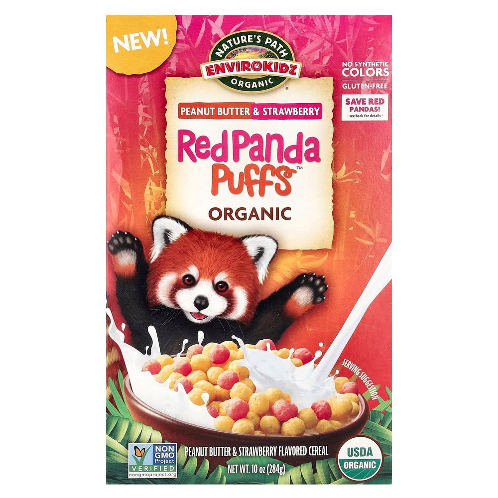 Nature's Path, Organic Red Panda Puffs ™, хлопья с арахисовым маслом и клубникой, 284 г (10 унций)