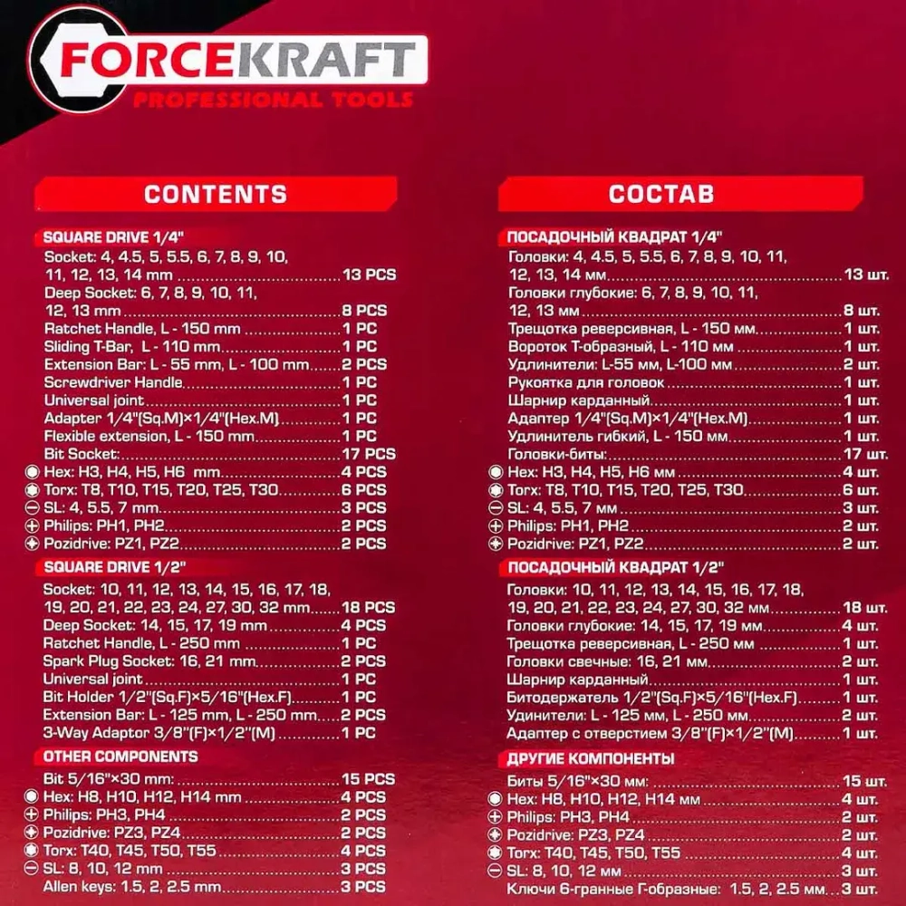 Набор инструментов 94пр. 1/2'',1/4''(6гр.)(4-32мм) Profi FORCEKRAFT FK-4941-5