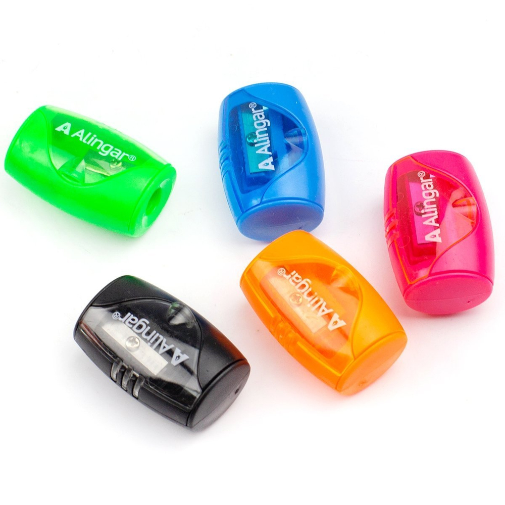 Точилка пластиковая Alingar, 1 отверстие, контейнер, ассорти, упаковка пластиковая банка(50шт)