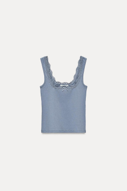 ZARA ТОП С КРУЖЕВНЫМИ БРЕТЕЛЯМИ, СИНИЙ