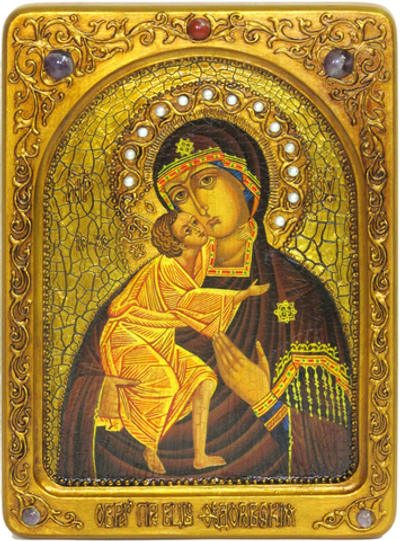 Живописная инкрустированная икона Феодоровская икона Божией Матери 29х21см на кипарисе