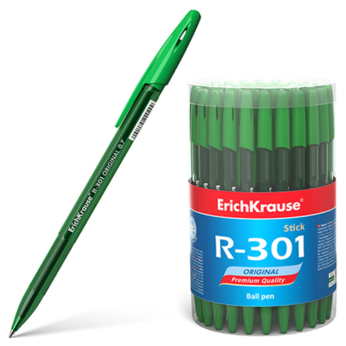 Ручка шариковая "Erich Krause" R-301 Original Stick зеленая 0,7мм, толщина письма 0,35мм, шестигранная, рифленый держатель, прозрачный корпус