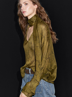 Massimo Dutti Блуза из струящейся ткани с анималистическим принтом, зеленый