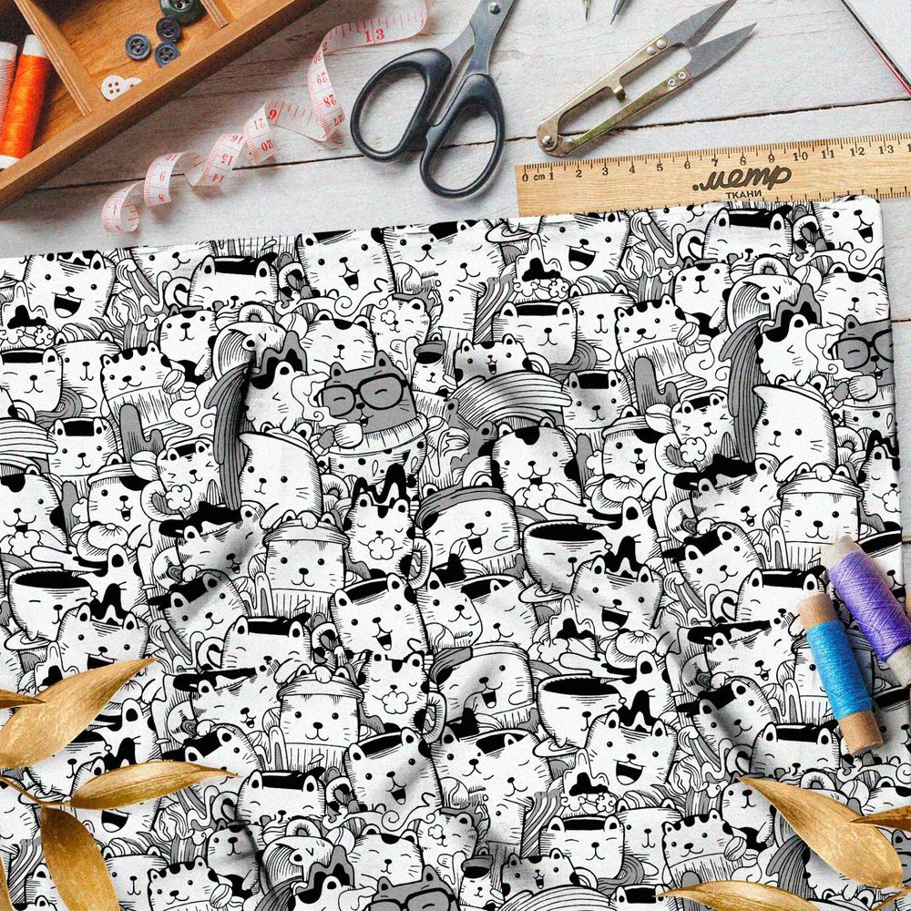 Ткань оксфорд 600 чёрно-белые котики в виде посуды