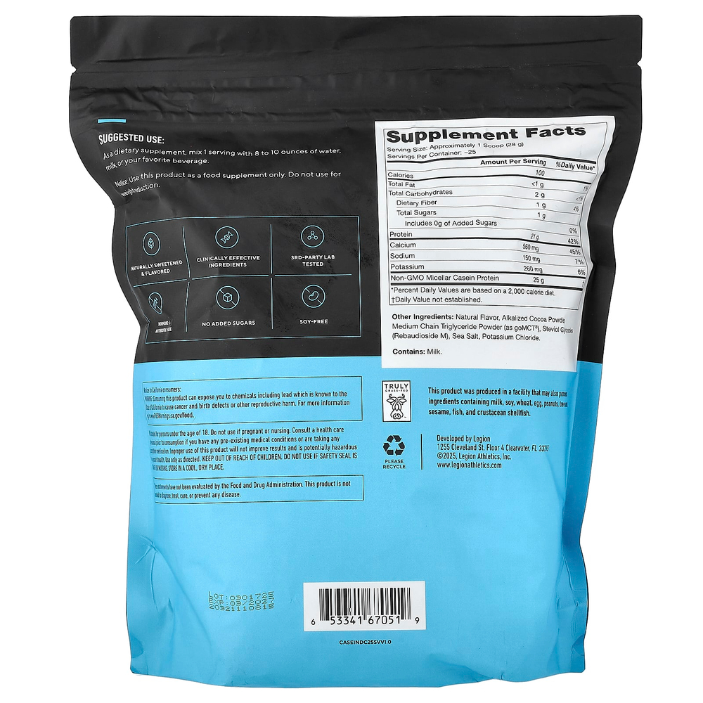 Legion Athletics, Casein+, казеиновый протеиновый порошок, голландский шоколад, 710 г (1,56 фунта)