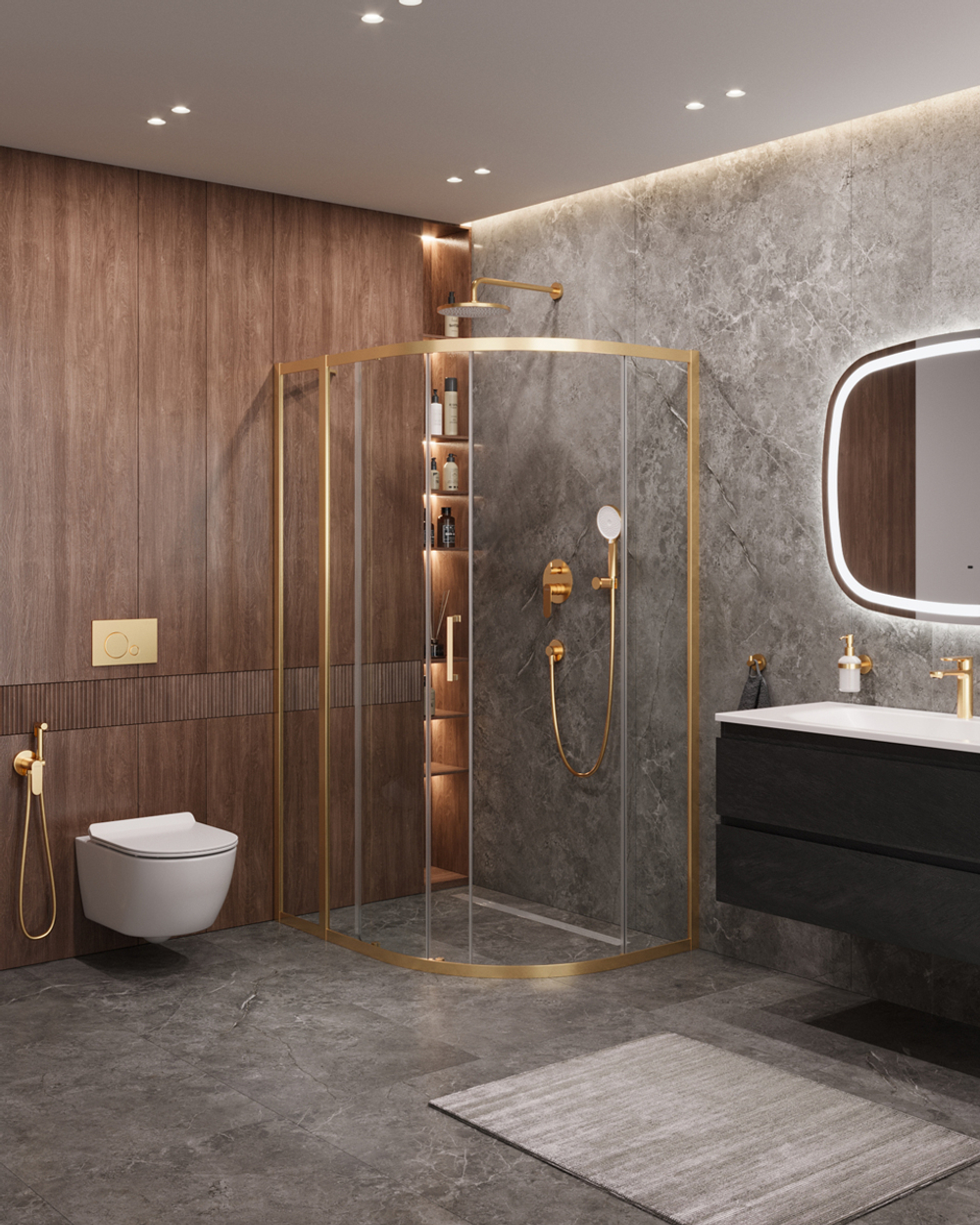 Душевой уголок Cezares MOLVENO-RH-1-120/90-C-BORO-IV, 120х90х195, профиль брашированное золото, прозрачное стекло